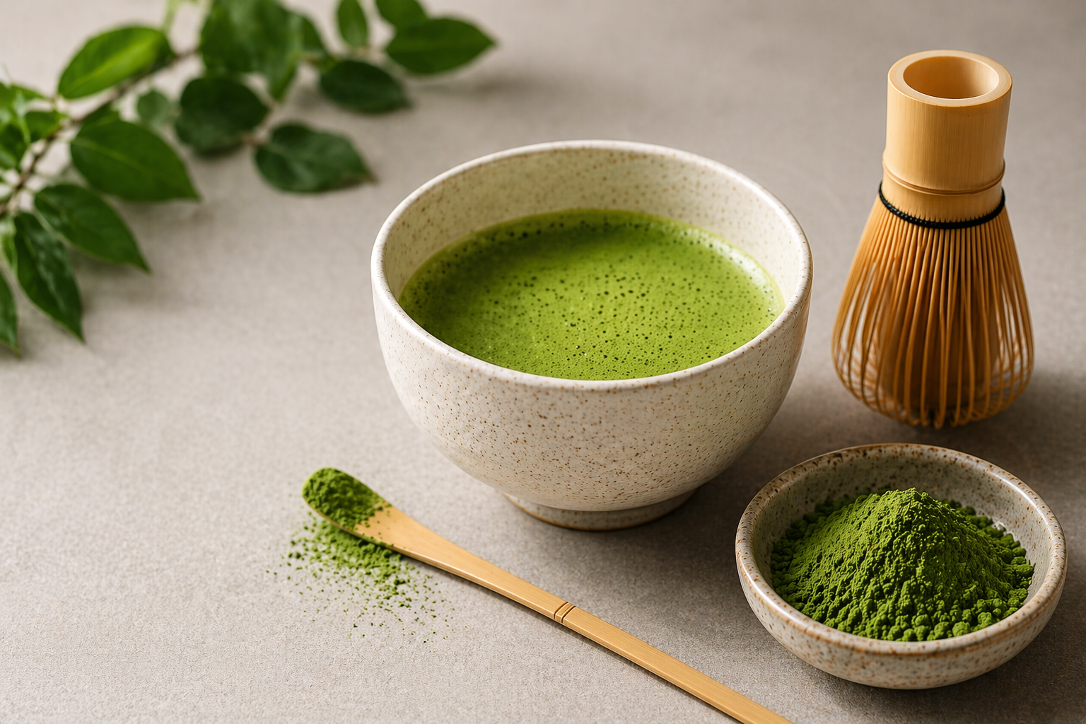 ceremonial-grade matcha powder in bowl with bamboo whisk and green tea powder on table